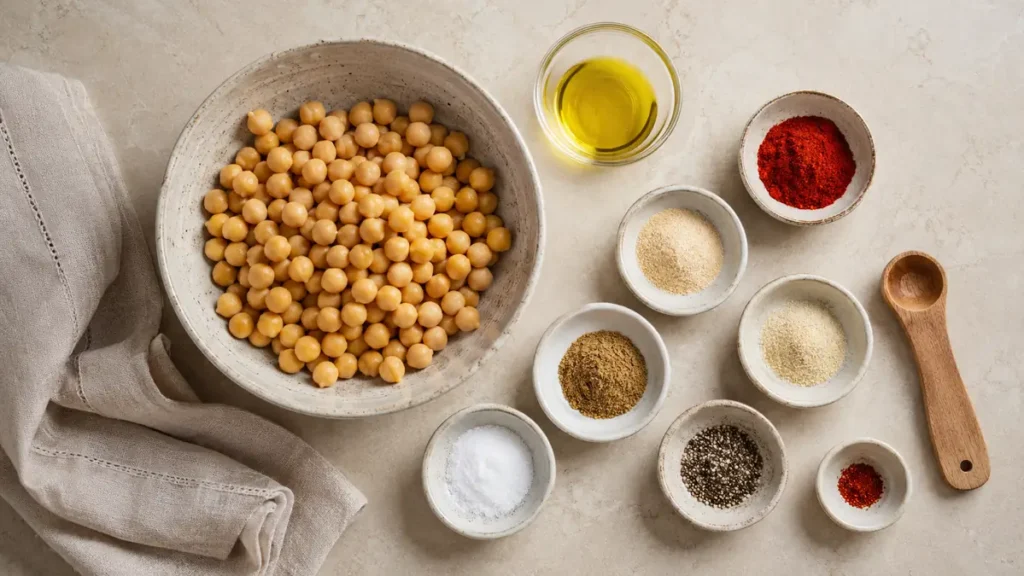 Bowl of chickpeas surrounded by various spices and oil.