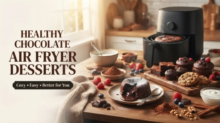 Assorted chocolate desserts including lava cake, muffins, brownies, and cookies next to an air fryer