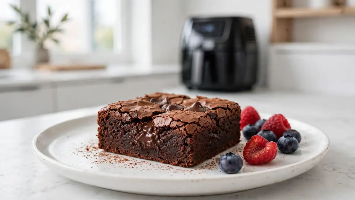 Air fryer protein brownie with chocolate and fresh berries