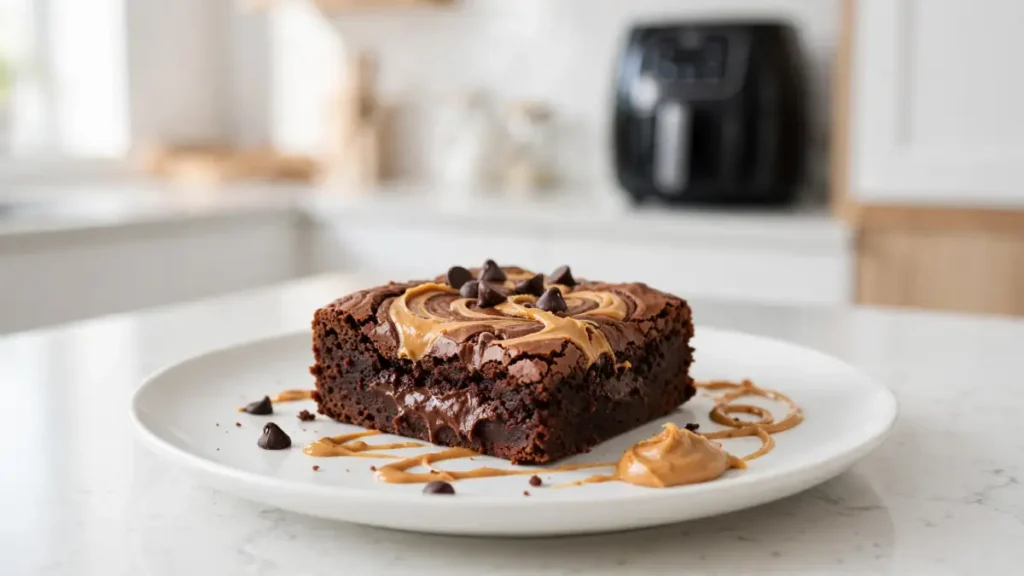 A chocolate brownie with peanut butter swirl and chocolate chips on a white plate