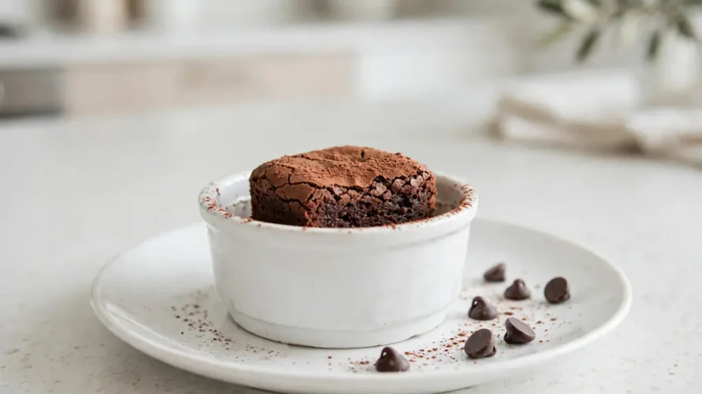 Chocolate brownie baked in a white ramekin with chocolate chips on a white plate