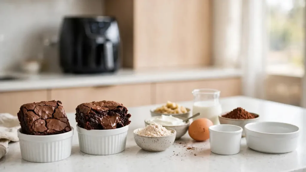 Two chocolate brownies in white ramekins with various baking ingredients including flour, eggs, cocoa powder, and milk on a kitchen counter