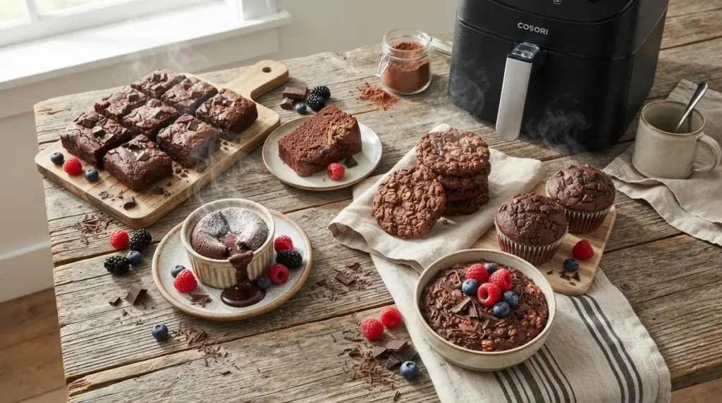Chocolate brownies, molten lava cake, cookies, muffins, and a bowl of chocolate dessert with berries on a rustic table