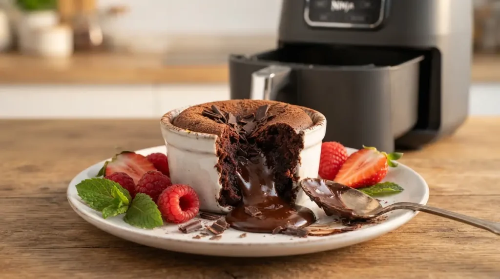 Chocolate lava cake with flowing melted center on white plate with raspberries, strawberries, and mint leaves