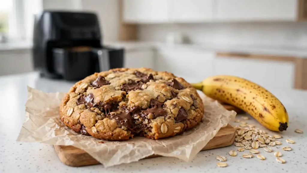 Close-up of a chocolate chip oatmeal cookie on parchment paper next to a ripe spotted banana and scattered oats