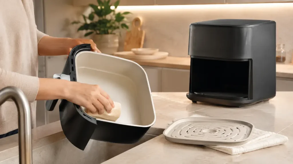 Cuisinart CompactMax 8-Qt Air Fryer Review: AIR-210 5 Person cleaning the interior of an air fryer with a sponge.