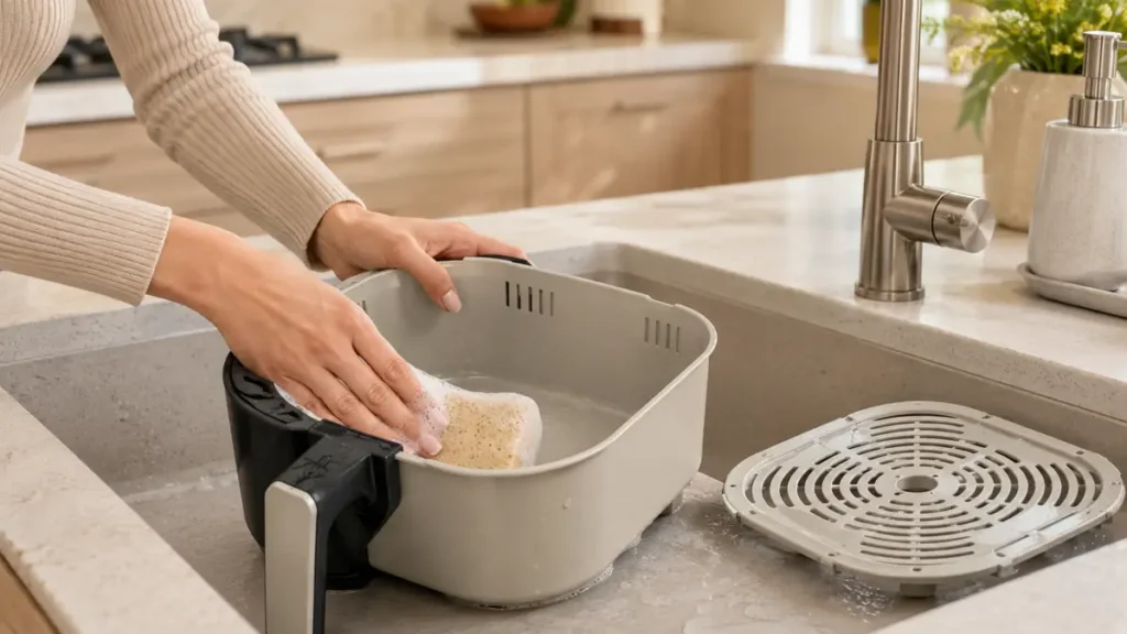 Ceramic Air Fryer Guide: Materials, Coatings & Buying Tips 5 Person cleaning an air fryer basket in a modern kitchen sink