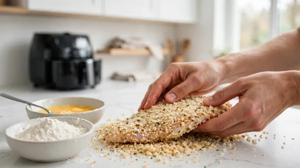Hands pressing seasoned panko breadcrumbs onto chicken breast on a countertop