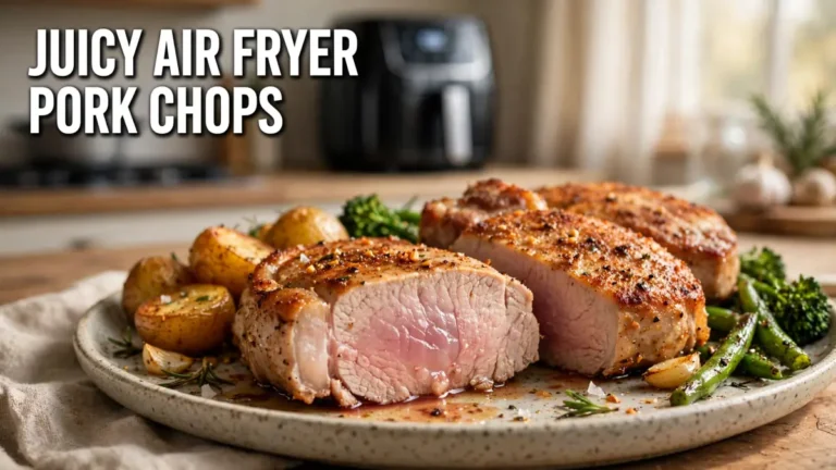 Juicy cooked pork chops with roasted potatoes and green beans on a plate