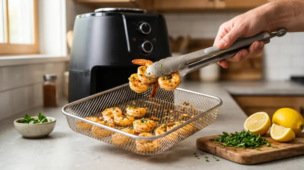 Hand lifting cooked shrimp with kitchen tongs from air fryer basket