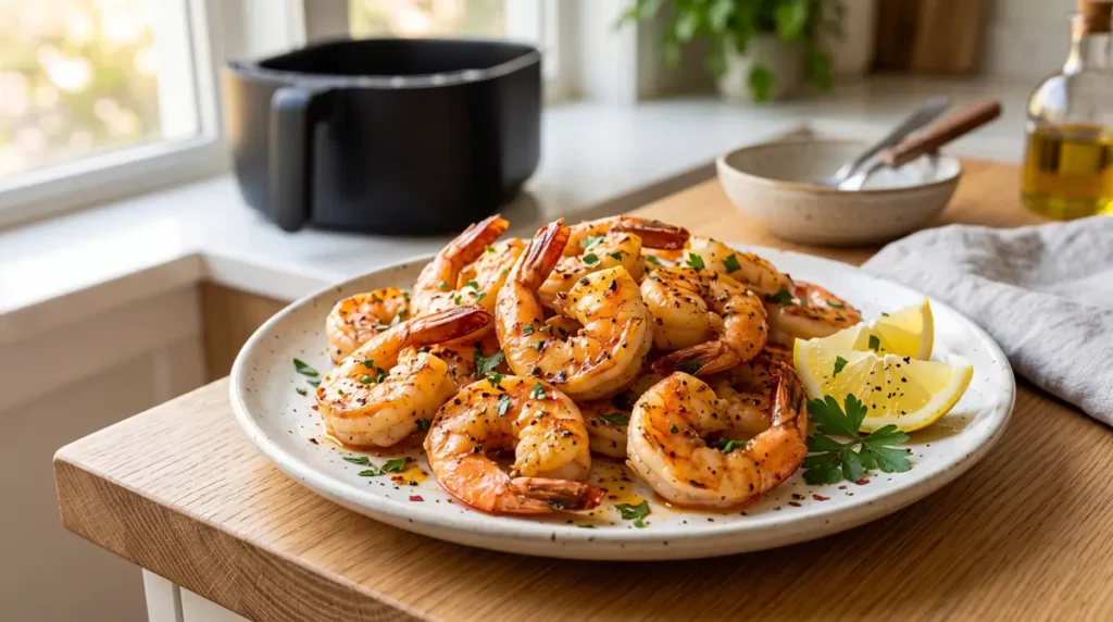 Cooked shrimp garnished with herbs and lemon wedges on a white plate