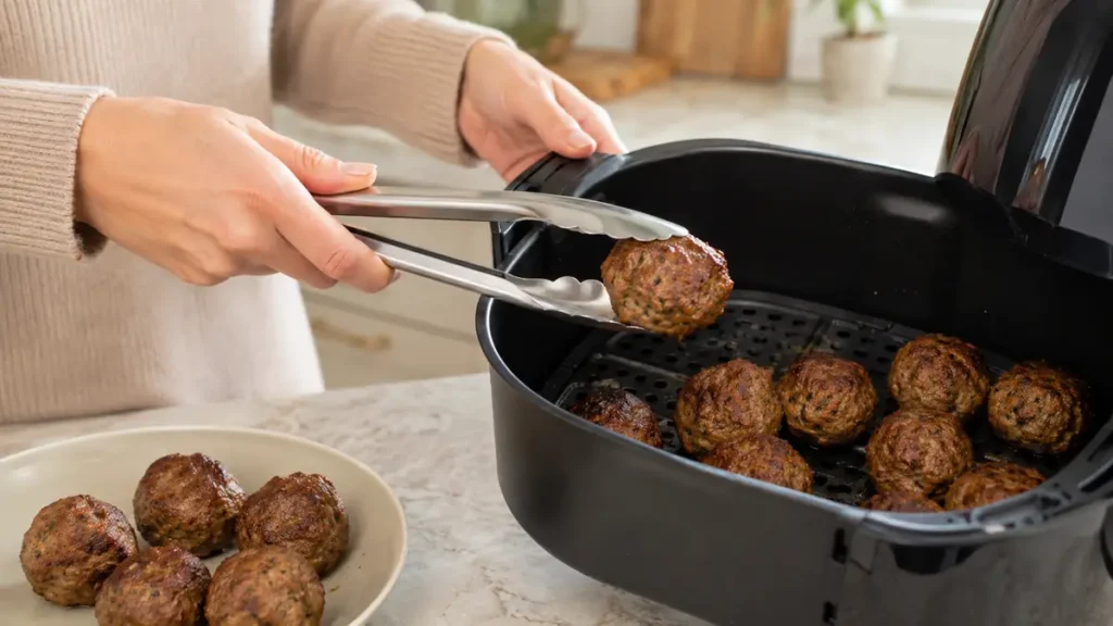 Person using tongs to lift meatballs from an air fryer