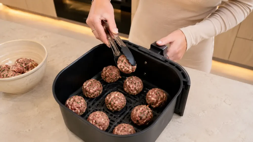 Person using tongs to place meatballs in an air fryer basket