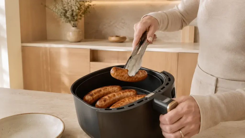 Person using tongs to lift sausages from an air fryer.