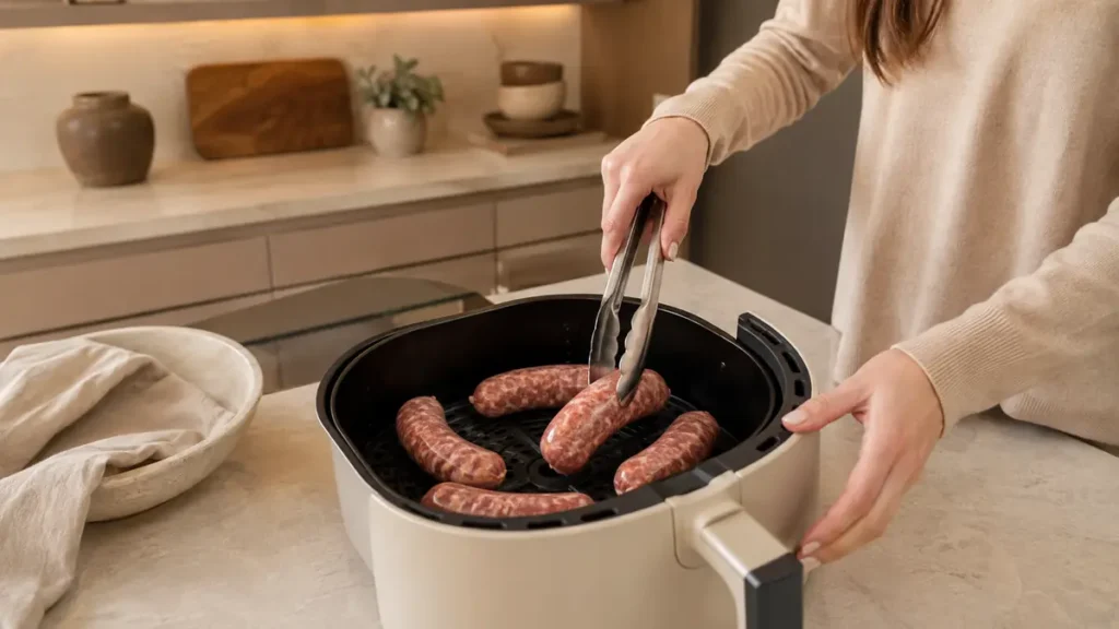 Person using tongs to place sausages in an air fryer.