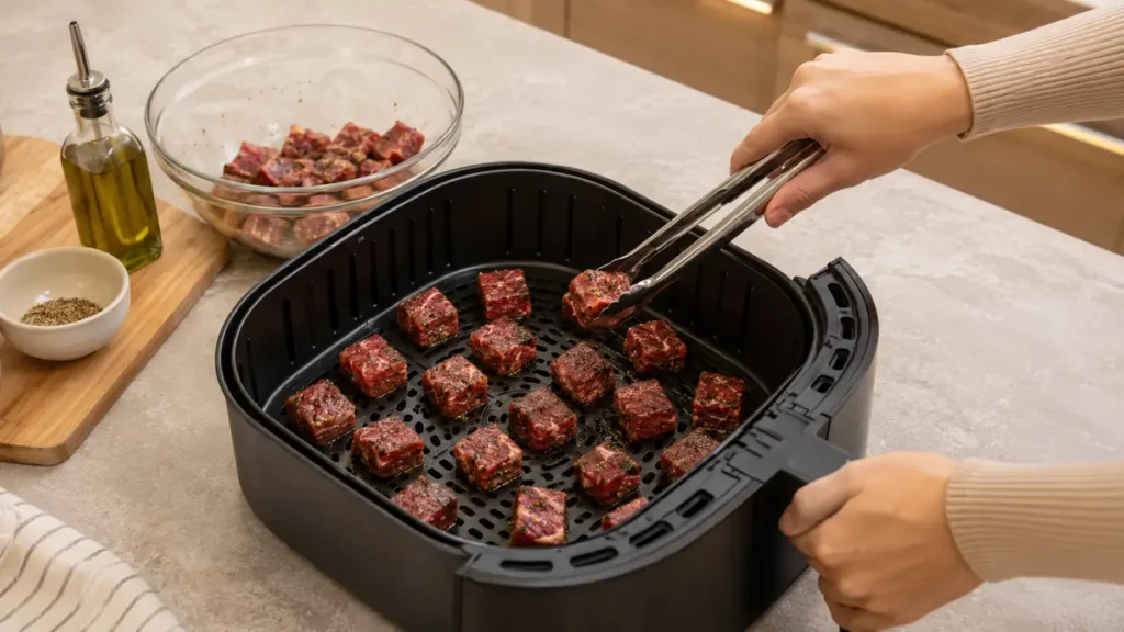Hands using tongs to place seasoned meat cubes in an air fryer basket.