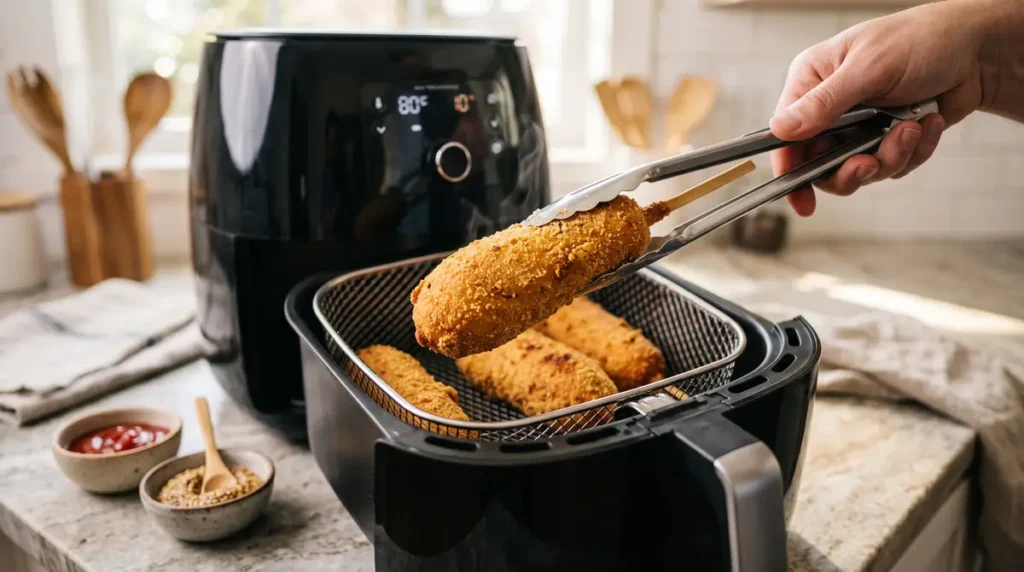 Hand holding tongs lifting a corn dog from a black air fryer basket with two corn dogs inside