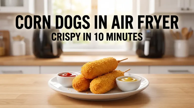Three crispy corn dogs on a white plate with small bowls of ketchup and mustard in a kitchen setting
