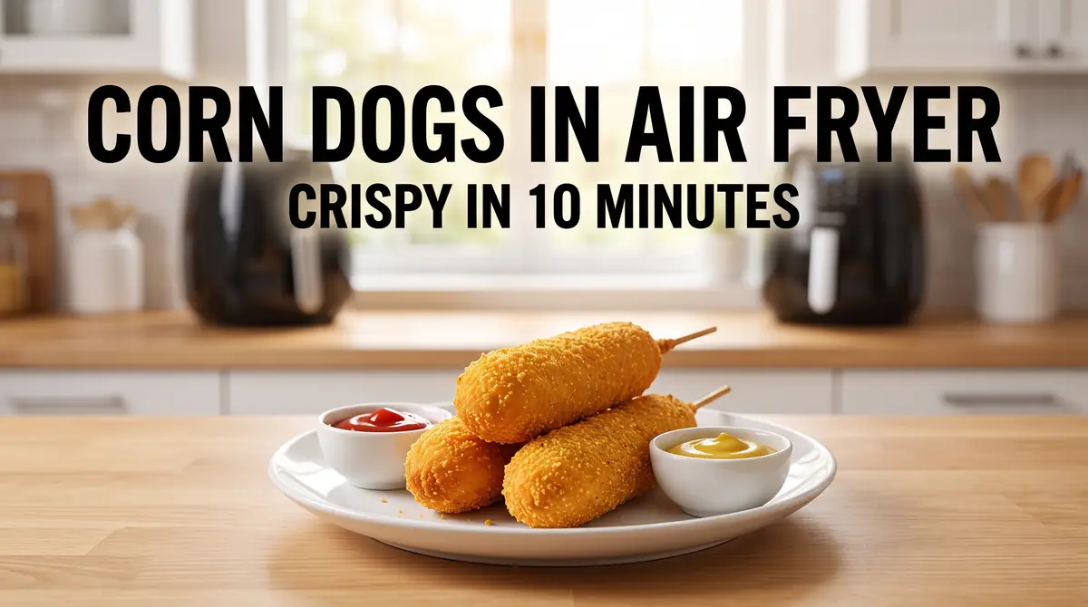 Three crispy corn dogs on a white plate with small bowls of ketchup and mustard in a kitchen setting
