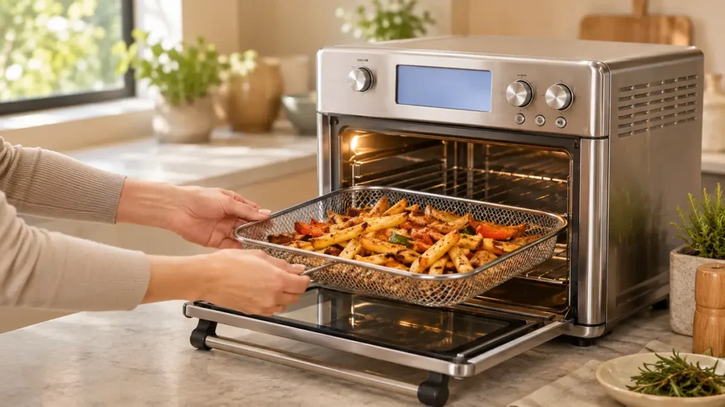 Hands taking out a tray of cooked fries and vegetables from a stainless steel countertop convection oven