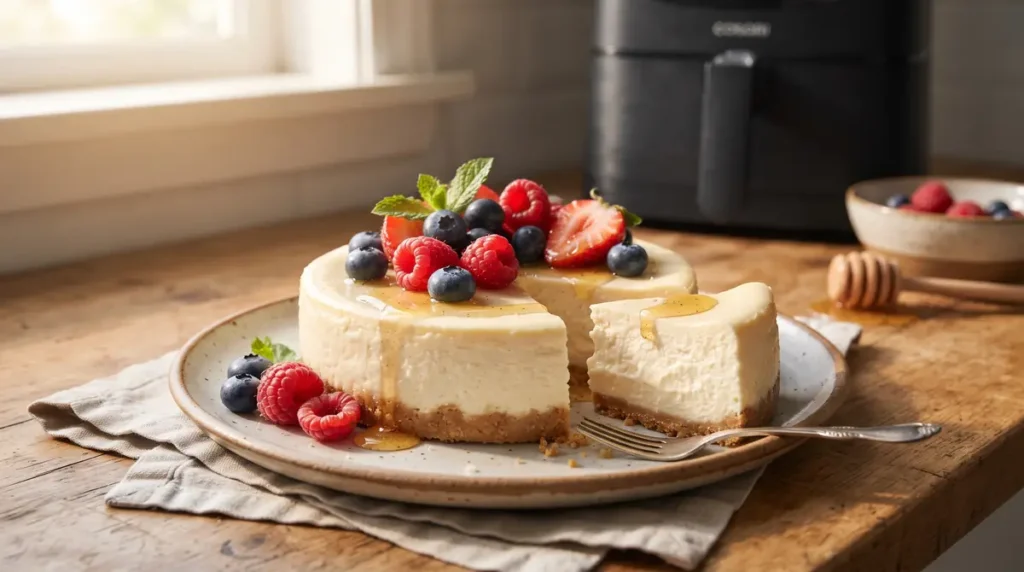 Cheesecake slice topped with strawberries, raspberries, blueberries, and honey on a ceramic plate