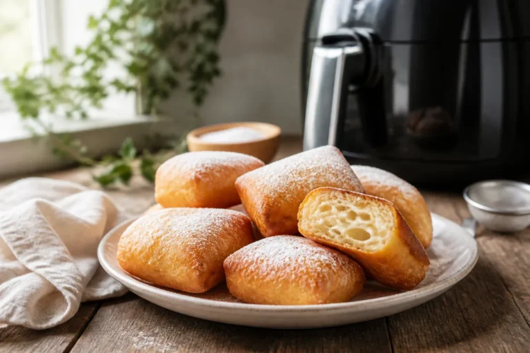 Crispy Air Fryer Beignets Recipe: Golden Exterior 5 Golden crispy air fryer beignets dusted with powdered sugar, with one cut open to show the fluffy center