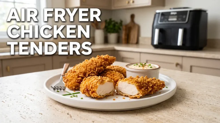 Crispy golden air fryer chicken tenders on a white plate with ranch dipping sauce in a kitchen setting