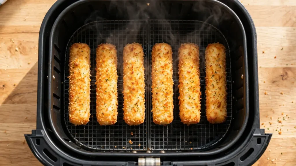 Six golden crispy mozzarella sticks cooking inside a black air fryer