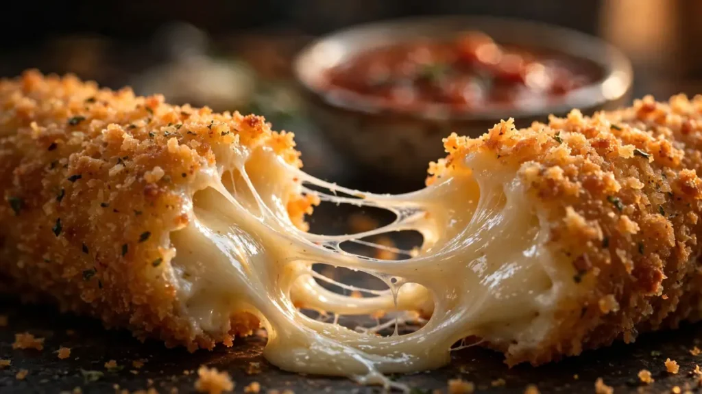Close-up of crispy mozzarella sticks with gooey melted cheese stretching between them