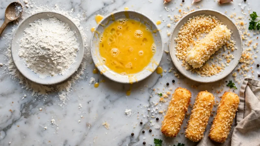 Mozzarella sticks breaded with flour, beaten egg, and breadcrumbs on a marble surface