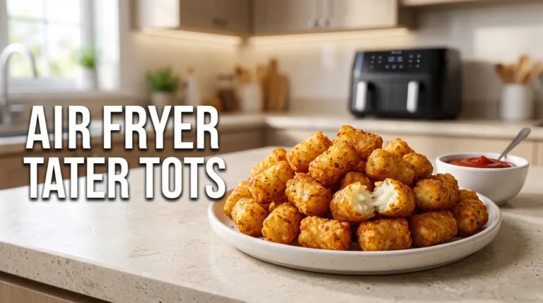 Crispy air fryer tater tots on a white plate with a bowl of ketchup on the side in a kitchen