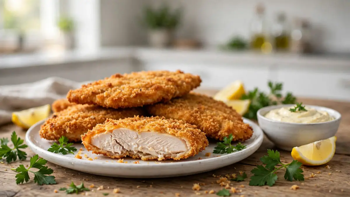 Plate of crispy breaded chicken cutlets with one cut in half, garnished with parsley and lemon wedges