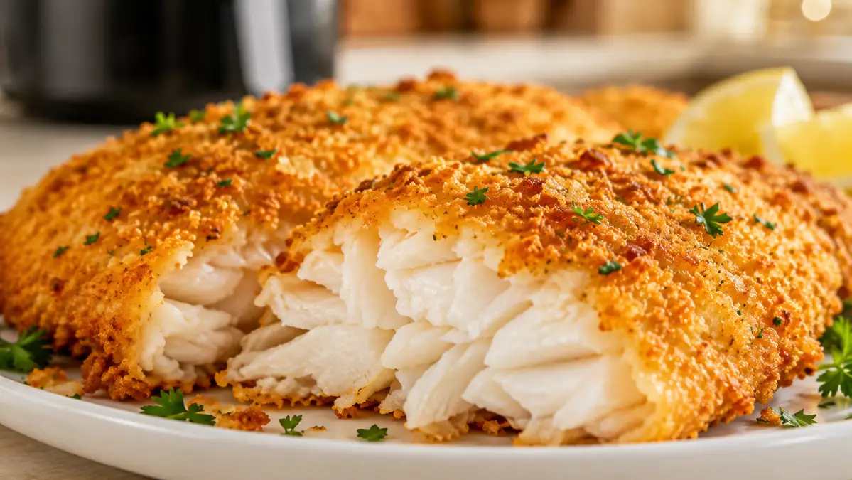 Close-up of a crispy breaded fish fillet garnished with herbs on a white plate