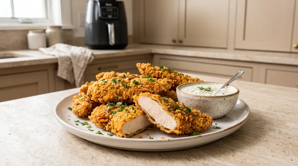 Air Fryer Chicken Tenders Recipe (Crispy, Juicy & Easy) 2 Crispy golden chicken tenders with green herb garnish and a bowl of white dipping sauce