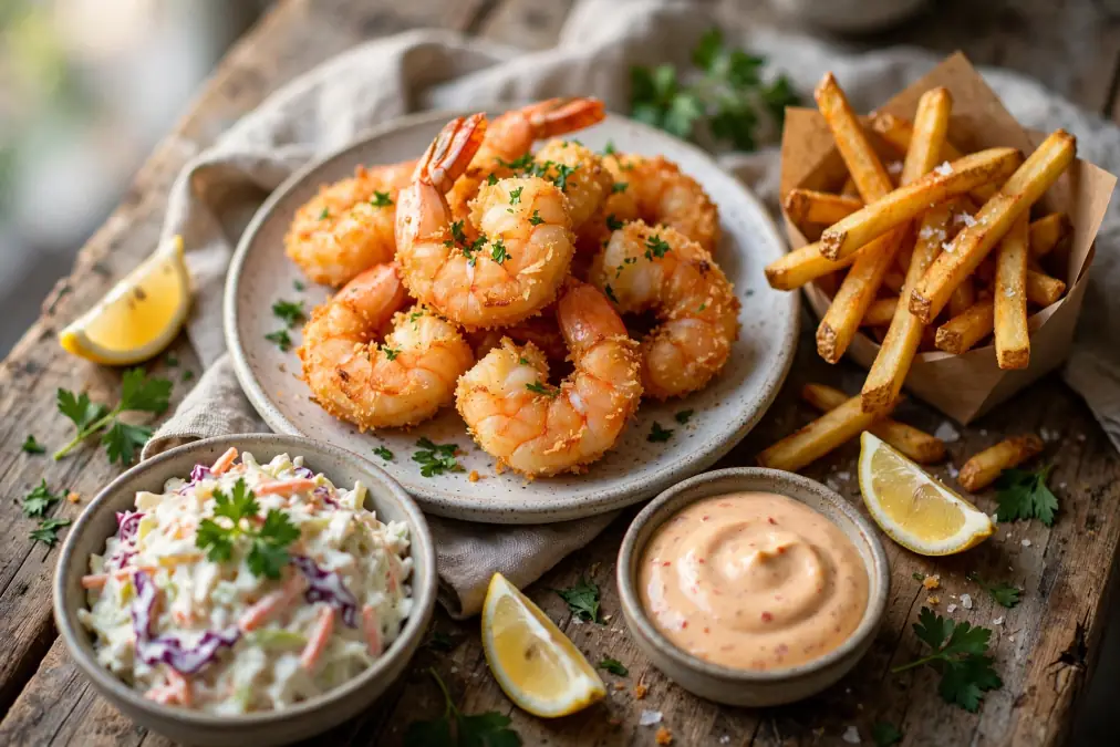 Crispy panko shrimp served with fries, coleslaw, dipping sauce, and lemon wedges