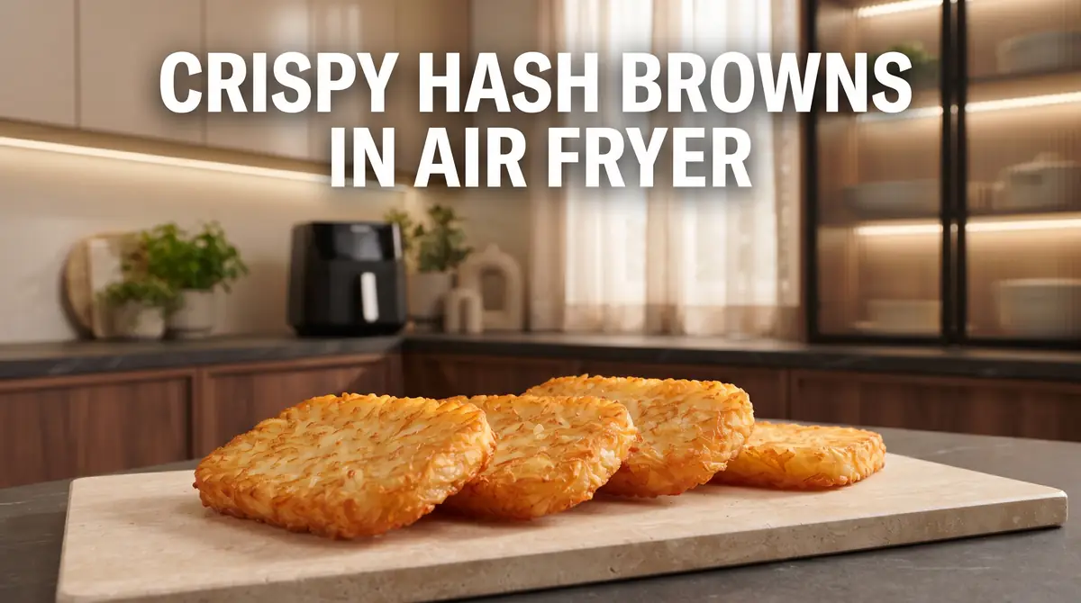 Four crispy golden brown hash browns on a beige cutting board in a modern kitchen