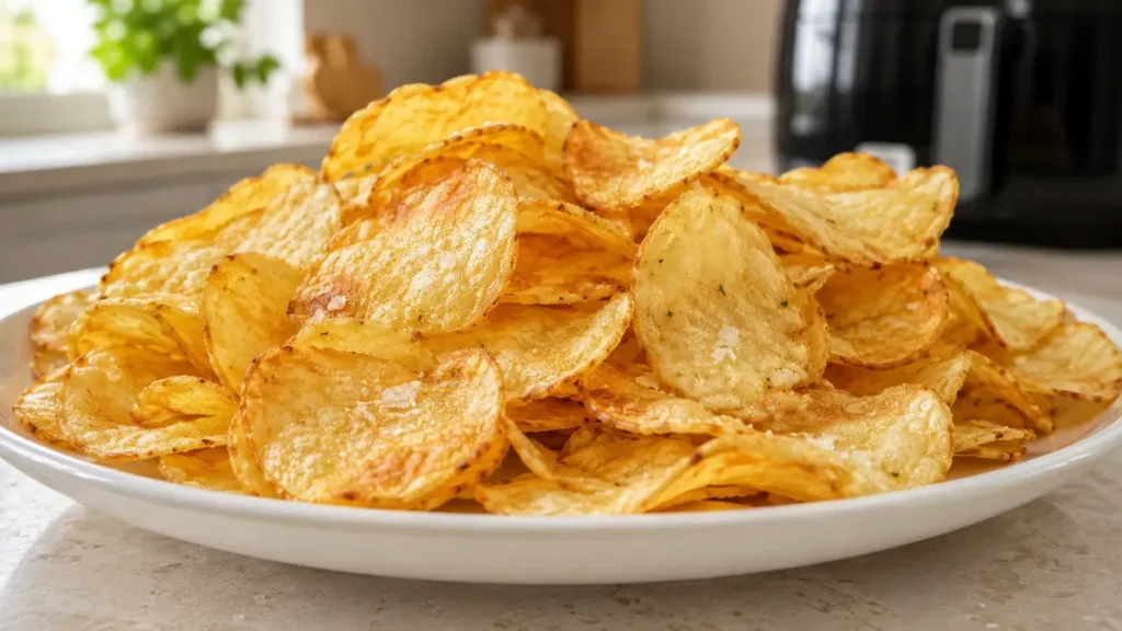 Close-up of a plate filled with crispy golden potato chips