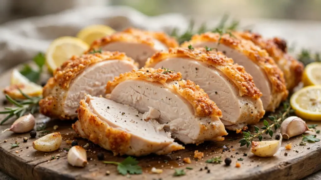 Air Fryer Rotisserie Chicken (Juicy with Crispy Skin) 8 Sliced air fryer chicken breast with herbs, garlic, pepper, and lemon