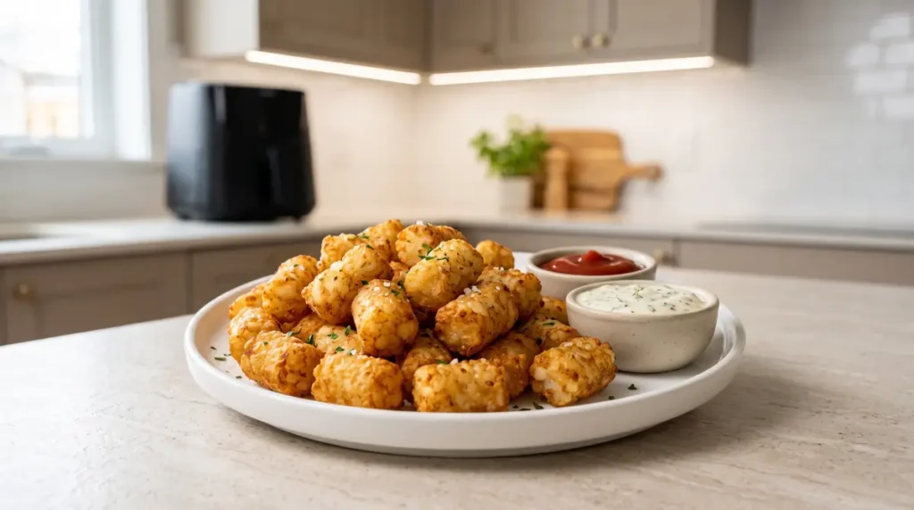 Plate of crispy tater tots served with ketchup and creamy dill sauce on a kitchen counter