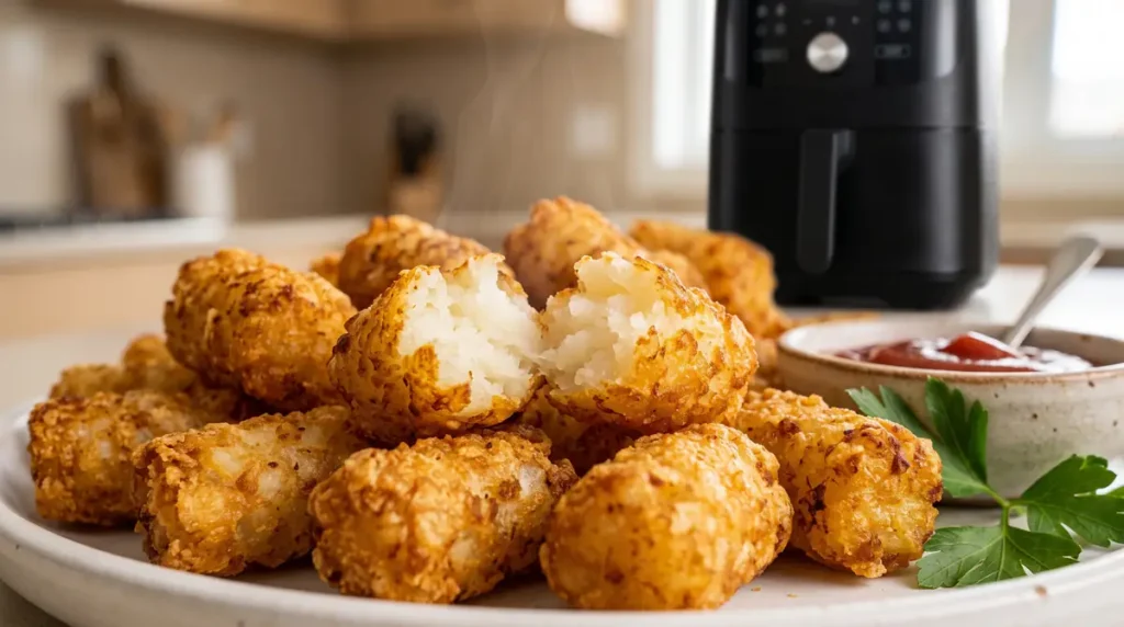 Plate of crispy golden brown tater tots with one split open showing soft inside, served with ketchup