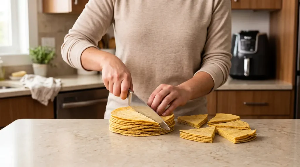 Air Fryer Tortilla Chips (Crispy & Easy Homemade) 3 Hands cutting stacked corn tortillas into triangles on kitchen counter