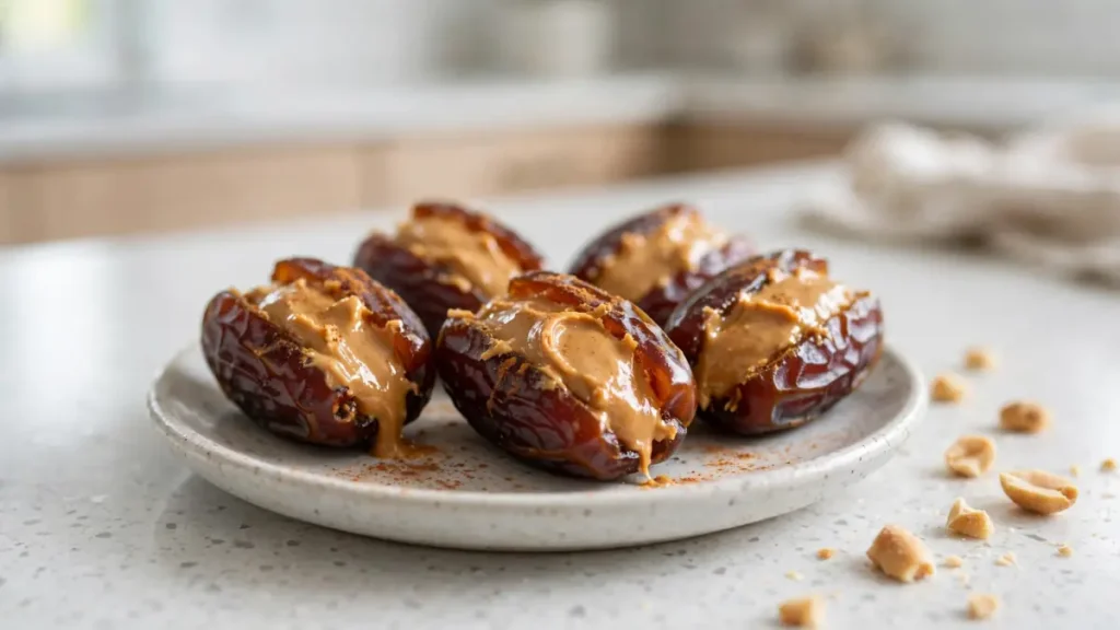 Close-up of dates filled with creamy peanut butter on a white plate with peanut pieces around