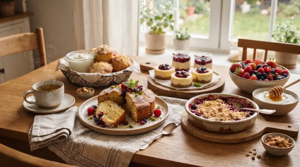 Table with tea, cake, muffins, small cheesecakes, berry crumble, and fresh berries in bowl