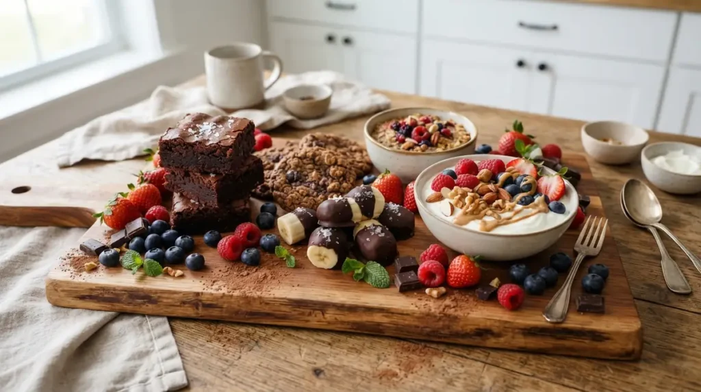 Wooden serving board with brownies, chocolate-covered bananas, cookies, berries, and yogurt bowls