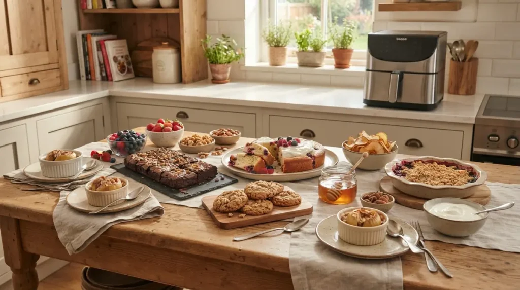 Various desserts including cake, brownies, cookies, fruit bowls, and nuts on a wooden kitchen table