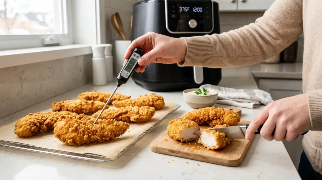 Air Fryer Chicken Tenders Recipe (Crispy, Juicy & Easy) 6 Person using a digital thermometer to check temperature of fried chicken tenders on a kitchen counter