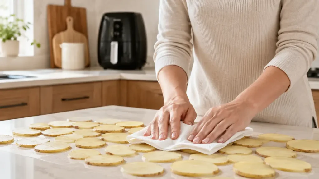 Hands drying thinly sliced potatoes laid out on kitchen countertop