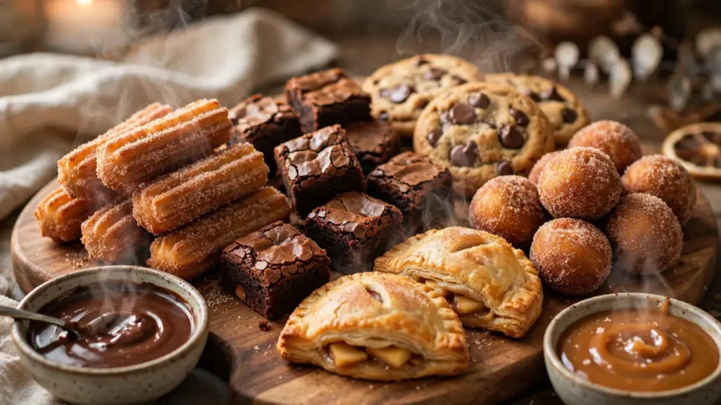 Steaming warm churros, brownies, cookies, apple hand pies, and donuts on a wooden board with dipping sauces