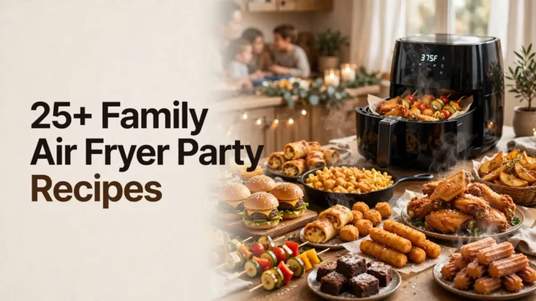 Assortment of air fryer party foods including burgers, wings, skewers, and desserts on a table