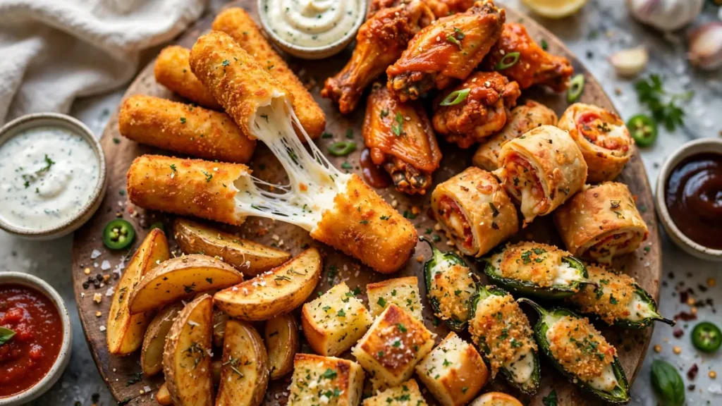 A wooden platter with crispy appetizers including mozzarella sticks, chicken wings, potato wedges, stuffed jalapeños, and mini pizza rolls